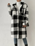 Fongt And Winter Buckle Collar Plush Lattice Coat Loose Temperament Commute Long Coat Woman