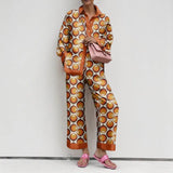 Fongt 2024 New Women's Temperament Commuter Loose Print Long Sleeve Wide-Leg Pants Fashion Suit