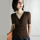 Summer Thin Women Crossed V Neck Mesh T Shirts Lady Elegant Elastic Base Folds Tops Tees Female Half Sleeve T-Shirt-Outfit