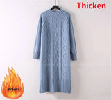 Thicken Plush Velvet Lined Sweater Dress Women's Fall Half Turtleneck Rib Knit Bottom Dresses Elegant Warm Vestido