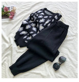 Women's Long Sleeve Knit Leopard Pullover Sweaters+Elastic Waist Pants Sets Fashion Trousers Two Pieces Costumes