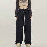 Harajuku Streetwear Black Cargo Pants Women Hip Hop Techwear Oversized Pockets Red Wide Leg Trousers High Street