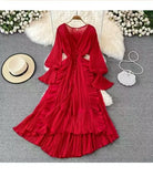 Fongt Fairy Seaside Holiday Chiffon Dress Female Lotus Lace V Collar Temperament Folded Waist Thin Swing Dress