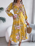 Fongt Spring And Summer Sexy Tie Knotted Flowers Long Sleeve Open Fork Dress Women