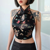 Fongt Sexy Bare Back Sleeveless Hanging Neck Embroidery Hollow Design Chinese Wind Small Vest