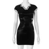 Fongt Women's Autumn And Winter Collar Bump Color Splicing Bright Face Tight Waist Bagged Hip
