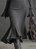 Fongt Fashion Elegant Temperament Zippered Horn Sleeve Knitted Fishtail Skirt