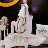 Gauze Lace Patchwork Midi T-shirt Female Clothing Stylish Floral Three-dimensional Decoration Summer Loose O-Neck Pullovers-Outfit