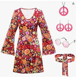 Fongt Halloween 70S Hippie Disco Festive Dress Turban + Print Dress Two-Piece