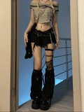 American Black Jeans for Women Y2k E-Girl Low-waisted Hole Denim Pants 2024 Summer New Straight Wide Leg Shorts-Outfit