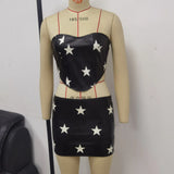 Fongt Style Star Print Leather Chest Waist Top Women's Slim Zipper Top Vest Skirt Suit-Outfit