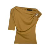 Fongt Set Asymmetric Coat 2025 Summer Folded Single-Sleeved Elastic Body Trim Women's T-Shirt Casual