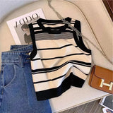 Striped Tank Women Slim Knitting Camisole Crop Tops Female Bodycon Knitted Tanks Sleeveless Short Tee shirts-Outfit