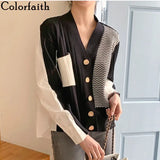 New 2021 Women's Autumn Winter Sweater Elegant Patchwork Cardigans Oversized Fashionable Striped Lady Tops