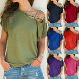 Fongt Explosion Casual Slanted Shoulders Cross Irregular Short-Sleeved Print Women T-Shirts
