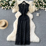 Fongt Light Luxury High-End Sleeveless Dress Female Summer Mesh Yarn Hollow Hook Open Fork Design Long Dress