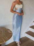 Women Slim Long Dress Adjustable Strap Back Tie-up High Waist Low Cut Contrast Color Dress Wedding Party Club Vestido-Outfit