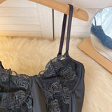 Fongt Hottie Black Small Sling Vest Woman Wearing Summer Slew Embroidered Sexy Bare Shoulder Fish Bone Top