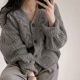 Fongt Chic Autumn Simple Lazy V-Neck Bubble Bubble Sleeves Wrench Loose Knitted Rhi Shirt Sweater Coat