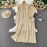 Fongt Temperament Long Knitted Shawl Coat + Light Luxury Metal Buckle Vest Dress Set