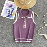 Fongt Style Striped Knitted Sleeveless Vest Women's Summer Collar Slimming Design Chic Beautiful Little Man Top