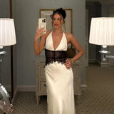 Fongt Summer New Women's Deep V-Dress Long Dress Lace Perspective Sexy Bodydress Dress Woman
