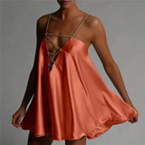 Solid Hollow V-neck A-line Mini Flared