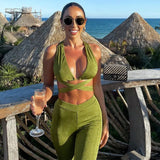Green Romper Sexy Bandage Backless Top and Pant Sets Sleeveless Solid Women's Sets Fashion Outfits Matching Set Flare