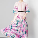 Fongt Exquisite Dress Women 2025 New Lazy Wind Collar Mid-Sleeves To Close The Waist Temperament 100-Fold Printing Skirt