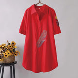 Arrival Women Feather Embroidery Long Cotton White Blouse Summer Short Sleeve White Female Shirt Turn-Down Collar Top