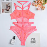 Dark Gothic Fishnet Sexy Bodycon Halter Bodysuits Women Grunge Punk Hollow Out Nightclub Lingerie Patchwork Emo Alt