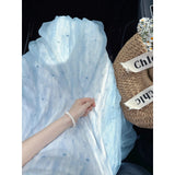 Fongt Vacation Light Blue Mesh Sling Dress Women's New Gentle Wind White Beach Floral Dress