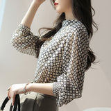 Fongt Wearing Beauty Thin Paper People Print Half-High Collar Double-Layer Heavy Joe Its Simulation Silk Shirt Woman