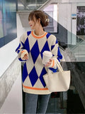 Winter Women Oversize Pullovers Casual O-neck Loose Sweater Knitted Pullover Streetwear Plaid Sweater for Women Coats-Outfit