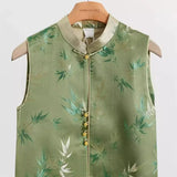 Chinese Style Emerald Green Round Collar Buckle Printed Ridge Shoulder Vest 2024 Spring Style Cool Zen Horse Clip Vest-Outfit