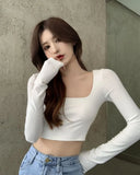 Fongt Girl Square Collar Long-Sleeved T-Shirt Female Autumn 2023 New White Strap Short Back Slim Bottom