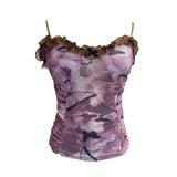 Real-Shooting Lace Bow Repair Body Tie-Dye-Print Mesh Hottie Pure Desire Sling Vest With Chest Cushion Top
