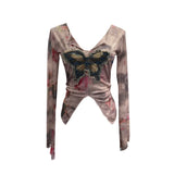 Fongt Shooting Amount Of Bumpy Tulle Spliced Denim Butterfly Design Sunscreen Coat V Collar Short T-Shirt 1965