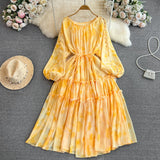Fongt And Autumn Gentle Style Temperament Long Sleeves Low Circle To Receive The Waist Thin Long A-Word Large Pendted Dress