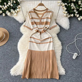 Fongt Version Of Fashion V-Neck Short-Sleeved Striped Knitted Dress Women Thin Senior Sense 100-Folded Dress Women Summer