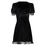 Dark Velvet Square Collar Lace Edge Bubble Sleeve Dress Autumn And Winter New Solid Color Short Dress-Outfit