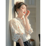 Fongt 2025 New Light Luxury High-End White Printed Shirt Super Good-Looking Beautiful French Long-Sleeved Top