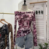 Vintage Graffiti-Printed Shoulder-Threin Mesh Long-Sleeved Blouse Side Drawstring Tethered With Slime T-Shirt