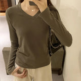 Style Ins Solid Color V-Collar Long-Sleeved Bottomed T-Shirt For Women In Autumn And