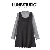 Fongt Bow Flower Bud Vest Dress Half-High Collar Wood-Eared Bottoming Shirt Women Fashion Set