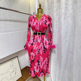 Fongt Elegant Dress Women 2025 New Light Style Waist Hair Sleeve Splicing Print 100-Folded Long Dress