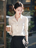 Fongt Light Luxury Polo Collar Long-Sleeved White Shirt Lady Design Spring And Autumn Unique Special Beautiful Shirt Top
