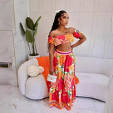 Fongt 2025 New One-Word Shoulder Color Floral Print Short Top Dress Set Two