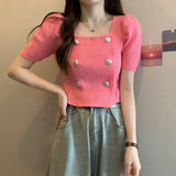Fongt New French Gentle Style Design Double Buckle Bubble Sleeve T-Shirt Knitted Short