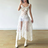 Fongt Summer New Women's French Lace Hollow Perspective Slit Slip Dress-Outfit